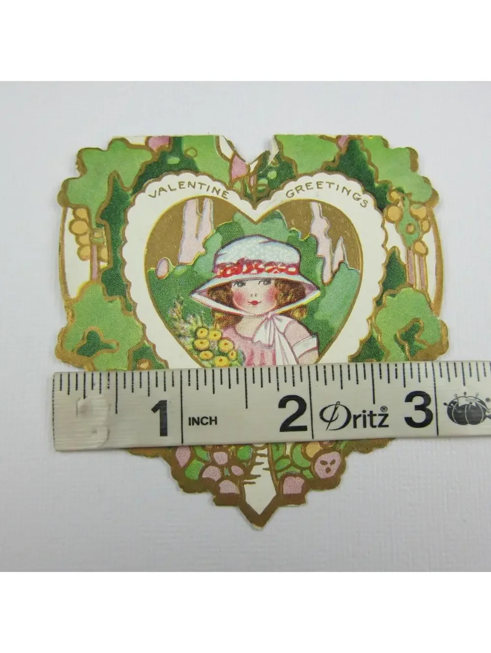 Vintage Valentine Card Die cut Girl Pink Dress & Hat Yellow Flowers Green & Gold